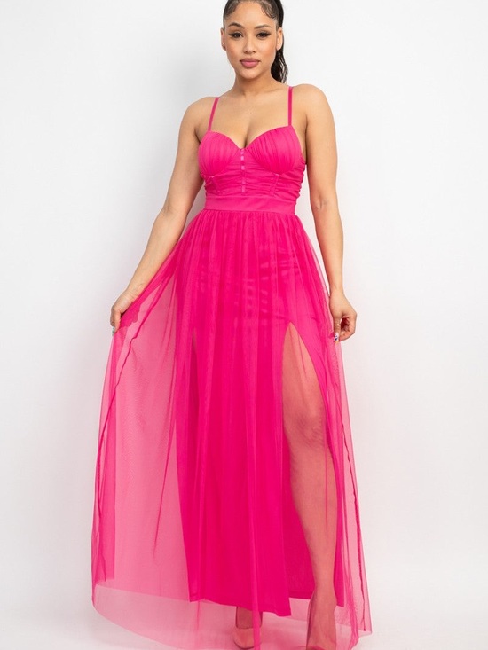 Dresses & Skirts - Sleeveless Hot Pink Maxi Dress with Thigh Slit